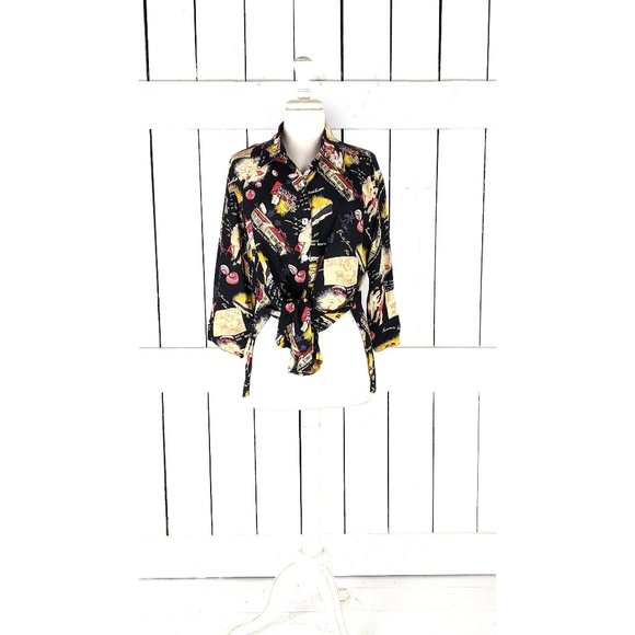 Loco Wido black sheer California beach summer vacation retro print blouse medium - Picture 1 of 9